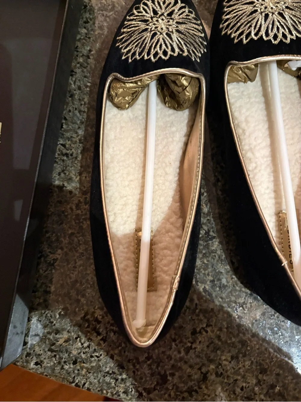 Birdies Black & Gold Embroidered Velvet Loafers and /or Slippers  Sherpa Lining